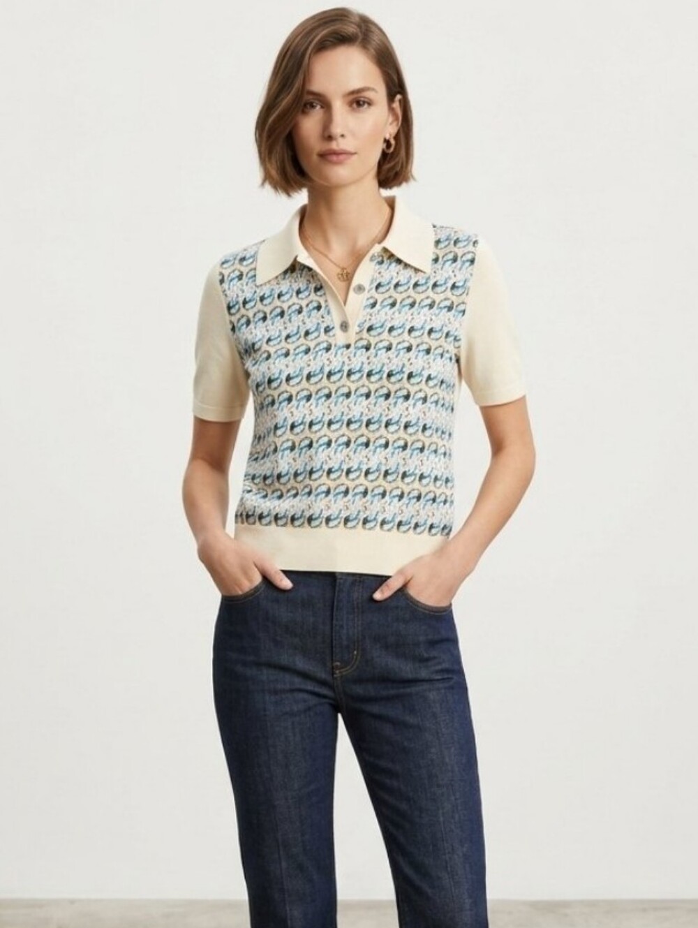 Tory Burch Cream Polo Sweater with Teal & Green Swirl Print